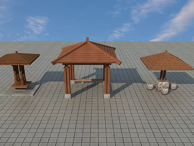 Three Wooden Pavilions With Various Roof Styles On Gray Tiled Floor And Blue Sky Background 3d model