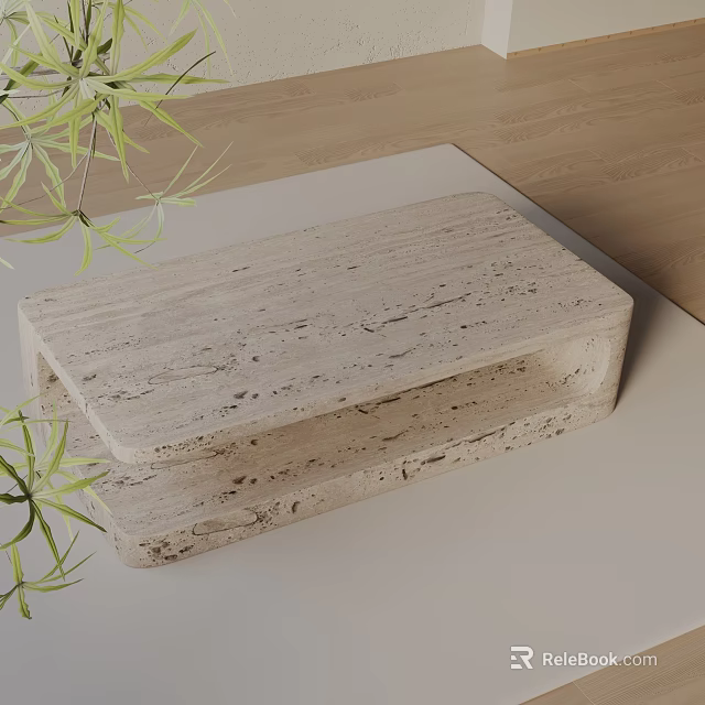 Elegant Beige Travertine Sofa Coffee Table Set With Two Tiered Design And Green Plants 3d model 