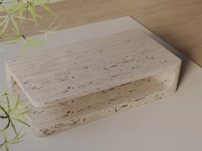 Elegant Beige Travertine Sofa Coffee Table Set With Two Tiered Design And Green Plants 3d model