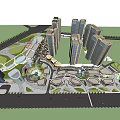 Modern High Rise Office Buildings With Plaza Greenery And Circular Structures