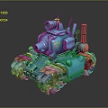 Blue Stylized Tank With Metallic Tracks Cannon Antennas And Yellow Triangle Emblem