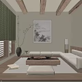 Japanese Style Living Room With Wooden Beams Beige Sofa Landscape Painting And Wooden Blinds