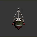 Colorful Small Fishing Boat With Green Hull Red Bottom Wooden Deck And Cabin