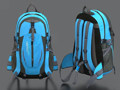 Blue And Black Outdoor Travel Backpack With Multiple Pockets And Straps 3d model