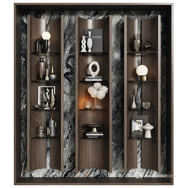 Elegant Modern Wooden Decorative Cabinet With Marble Background Vases Sculptures Books And Lighting 3d model 
