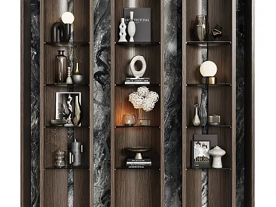 Elegant Modern Wooden Decorative Cabinet With Marble Background Vases Sculptures Books And Lighting 3d model
