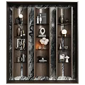 Elegant Modern Wooden Decorative Cabinet With Marble Background Vases Sculptures Books And Lighting