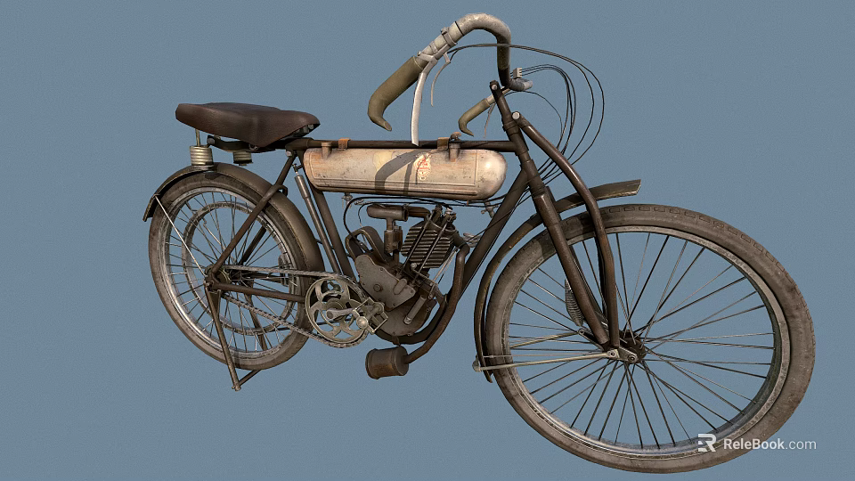 Vintage Bicycle With Engine Featuring Classic Design Curved Handlebars And Leather Seat 3d model 