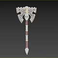 Ornate Battle Axe with Intricate Gold Blue Design Green Gemstone Red Handle and Spiked Bottom