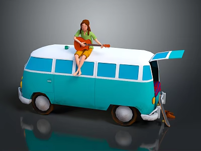 Young Girl Playing Guitar On Colorful Blue And White Vintage Van With Open Door 3d model