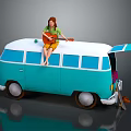 Young Girl Playing Guitar On Colorful Blue And White Vintage Van With Open Door