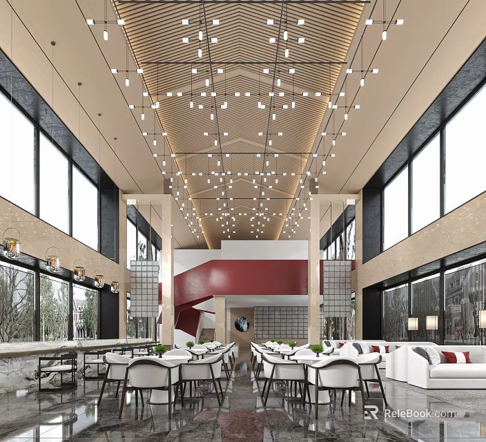 Spacious Hotel Public Lounge Area With Large Windows Pendant Lights Dining Tables Chairs And Sofas 3d model 