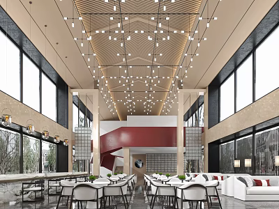 Spacious Hotel Public Lounge Area With Large Windows Pendant Lights Dining Tables Chairs And Sofas 3d model