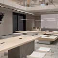 Modern Public Office Space With Long Wooden Table White Stools Green Plants And Pendant Lights