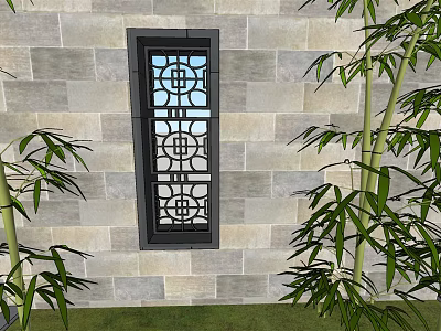 Traditional Chinese Style Entrance Gate With Hollow Out Design On Stone Wall And Bamboo Plants 3d model