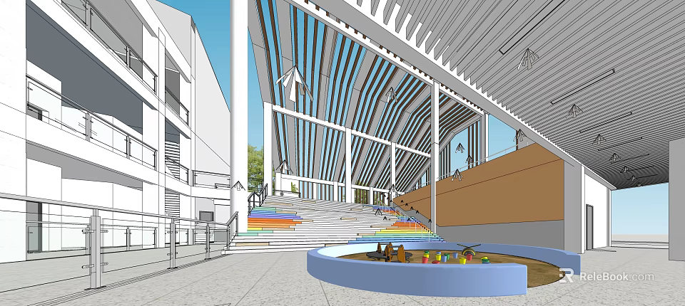 Modern Government Service Hall With Colorful Steps Circular Pool Glass Walls And Sunshade Canopy 3d model 