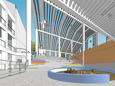 Modern Government Service Hall With Colorful Steps Circular Pool Glass Walls And Sunshade Canopy 3d model