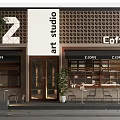 Modern Coffee Shop Art Studio Storefront With White Signage Brown Grille And Outdoor Seating