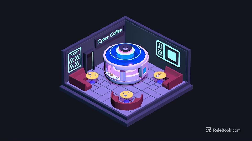 Cartoon Cyber Coffee Shop Interior With Circular Bar Counter Tables Chairs And Screens 3d model 