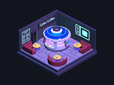 Cartoon Cyber Coffee Shop Interior With Circular Bar Counter Tables Chairs And Screens 3d model