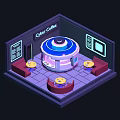 Cartoon Cyber Coffee Shop Interior With Circular Bar Counter Tables Chairs And Screens