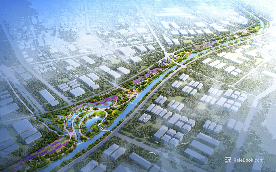 Urban Park Landscape With Green Space River Walking Paths And Surrounding Buildings 3d model 