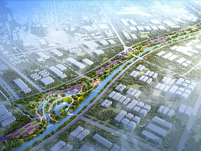 Urban Park Landscape With Green Space River Walking Paths And Surrounding Buildings 3d model