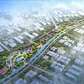 Urban Park Landscape With Green Space River Walking Paths And Surrounding Buildings