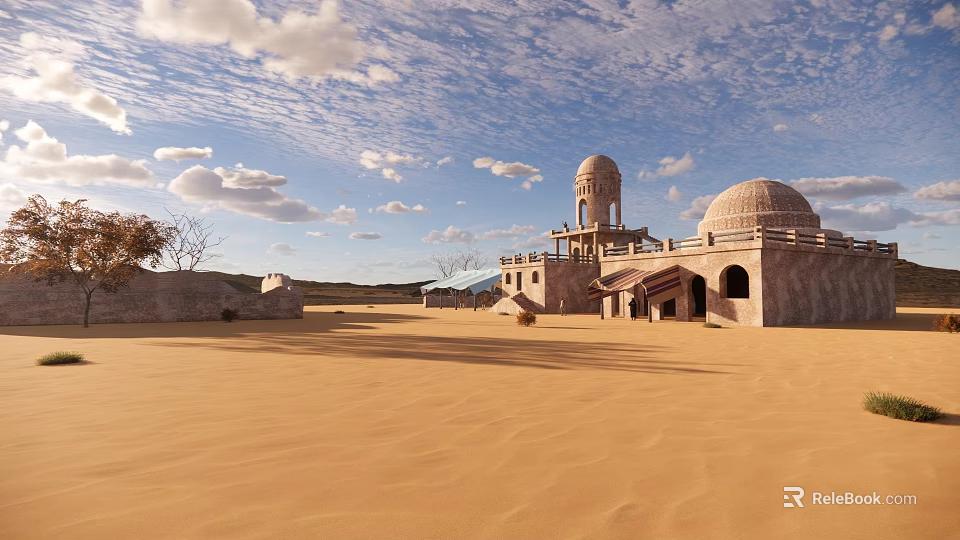 Ancient Desert Architecture With Dome Tower And Sandy Landscape Under Blue Sky And Clouds 3d model 