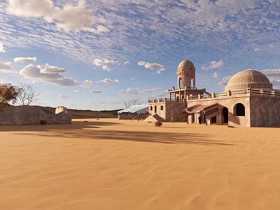 Ancient Desert Architecture With Dome Tower And Sandy Landscape Under Blue Sky And Clouds 3d model