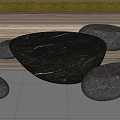 Black Marble Round Outdoor Table With Pebble Shaped Stools On Wooden Deck And Reflective Tiles