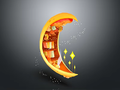 Creative Moon Shaped Bookshelf With Books Decorative Items And Sparkling Stars 3d model