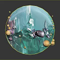 Cartoon Scene With Blue Water Waves Character On Purple Whale And Yellow Spheres