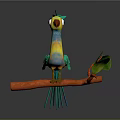 Vibrant Colorful Cartoon Parrot Perched On Orange Branch With Green Leaves