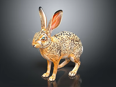 Realistic Spotted Hare With Long Ears Standing On Shiny Surface Against Gray Background 3d model