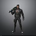 Cyberpunk Male Character In Black Leather Jacket With Futuristic Weapon And Mechanical Arm