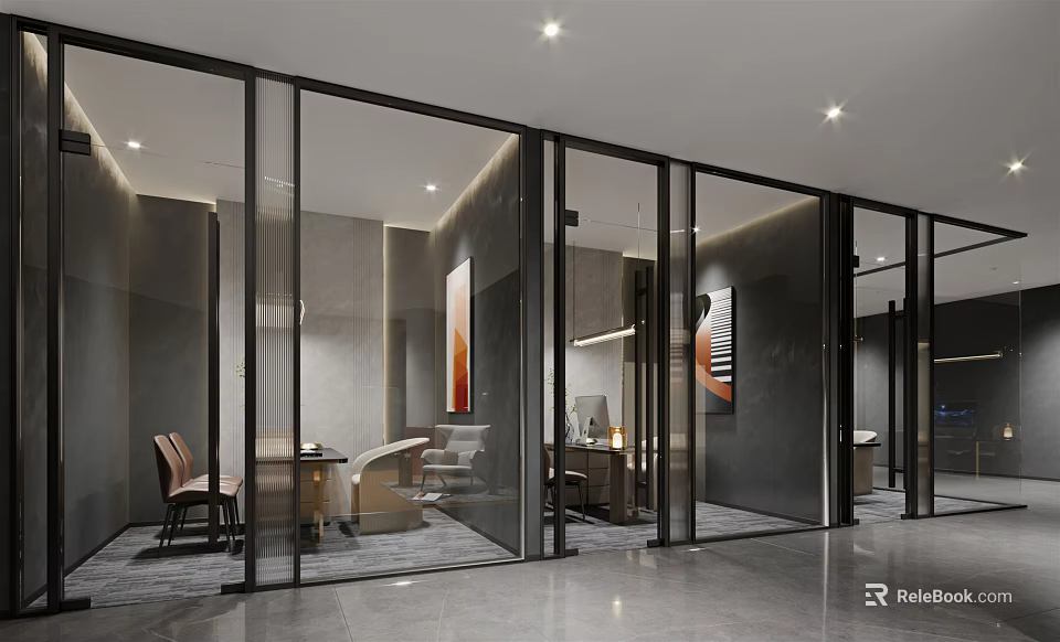 Modern Lounge Area Interior Design With Glass Partitions Sofa And Decorative Paintings 3d model 