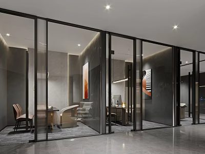 Modern Lounge Area Interior Design With Glass Partitions Sofa And Decorative Paintings 3d model
