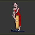 Elegant Sculpture Of Female Figure In Red Dress Sitting On Cello With Blue Base