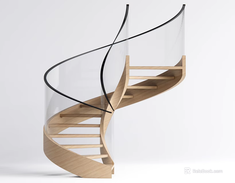 Elegant Modern Spiral Staircase With Glass Railing And Wooden Steps Design 3d model 