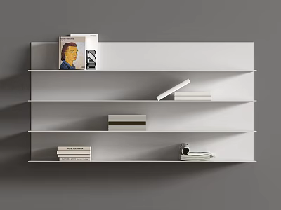 White Floating Wall Mounted Shelves With Stacked Books And Decorative Items On Gray Background 3d model