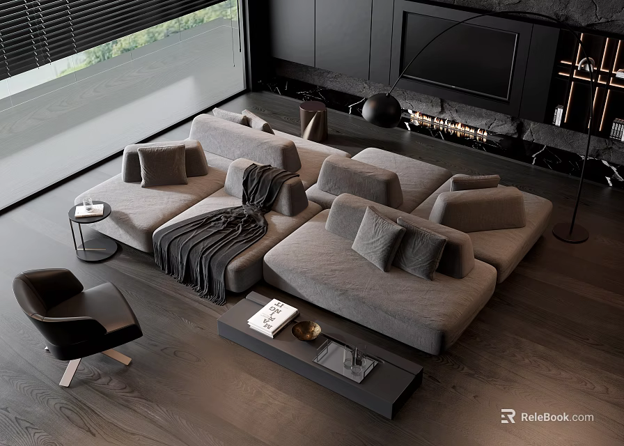 Gray Sofa And Coffee Table Set In Modern Living Room With Soft Cushions And Wooden Floor 3d model 