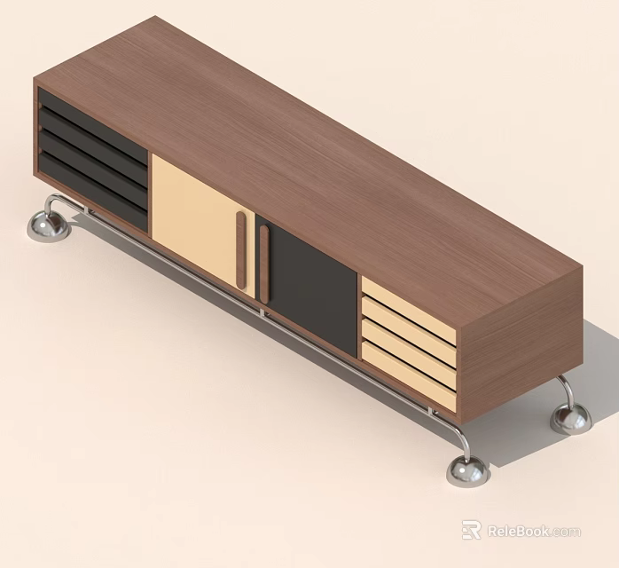 Modern Wooden TV Stand With Mixed Color Panels Drawers Shelves And Metal Casters 3d model 