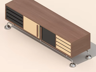 Modern Wooden TV Stand With Mixed Color Panels Drawers Shelves And Metal Casters 3d model