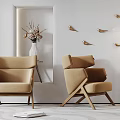 Modern Beige Single Sofa Interior With Wooden Legs Floor Lamp And Wall Decor