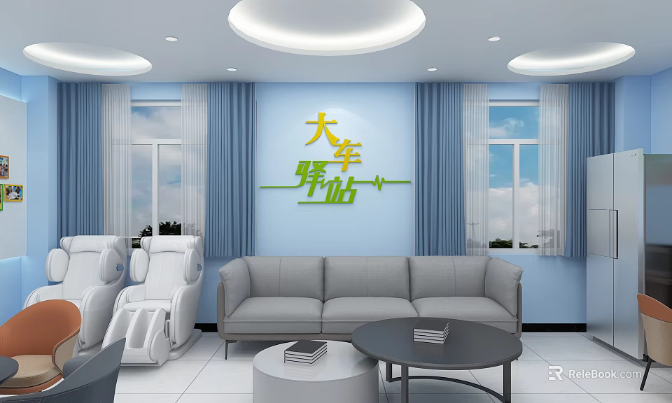 Cozy Lounge Area Interior With Gray Sofa Massage Chairs Round Ceiling Lights And Blue Walls 3d model 