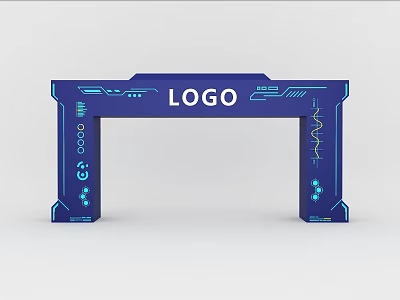 Blue Modern Exhibition Entrance Arch With Logo And Tech Inspired Decorations 3d model