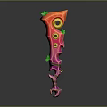 Vibrant Pink And Red Fantasy Weapon With Green Decorative Accents And Curved Structure