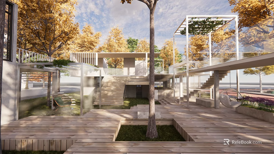 Modern Café Outdoor Design With Wooden Deck Glass Structure And Trees 3d model 