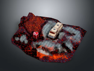 Off road truck traversing volcanic lava terrain with small red structure 3d model